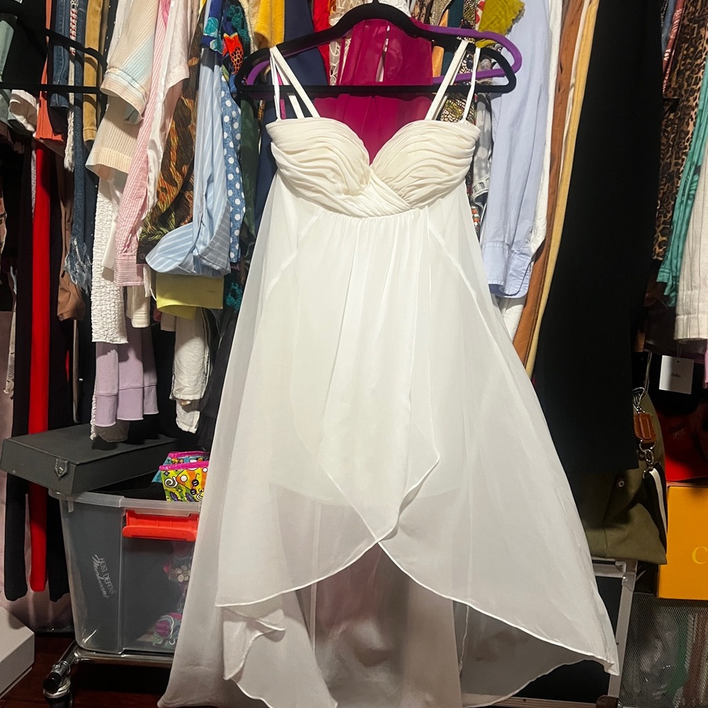 Bebe White Ruched High Low Elegant Flowy Sundress